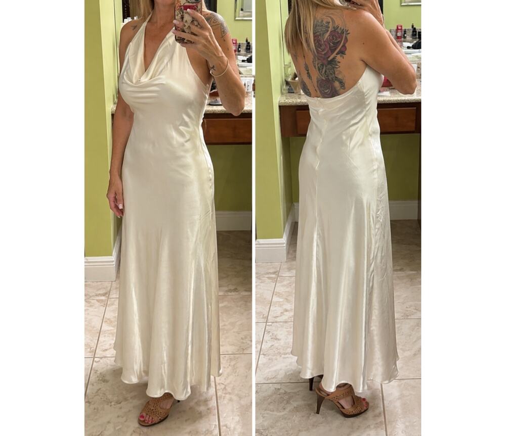Here Comes the Sun Champagne Satin Maxi Dress | Open Back Halter | Size S]